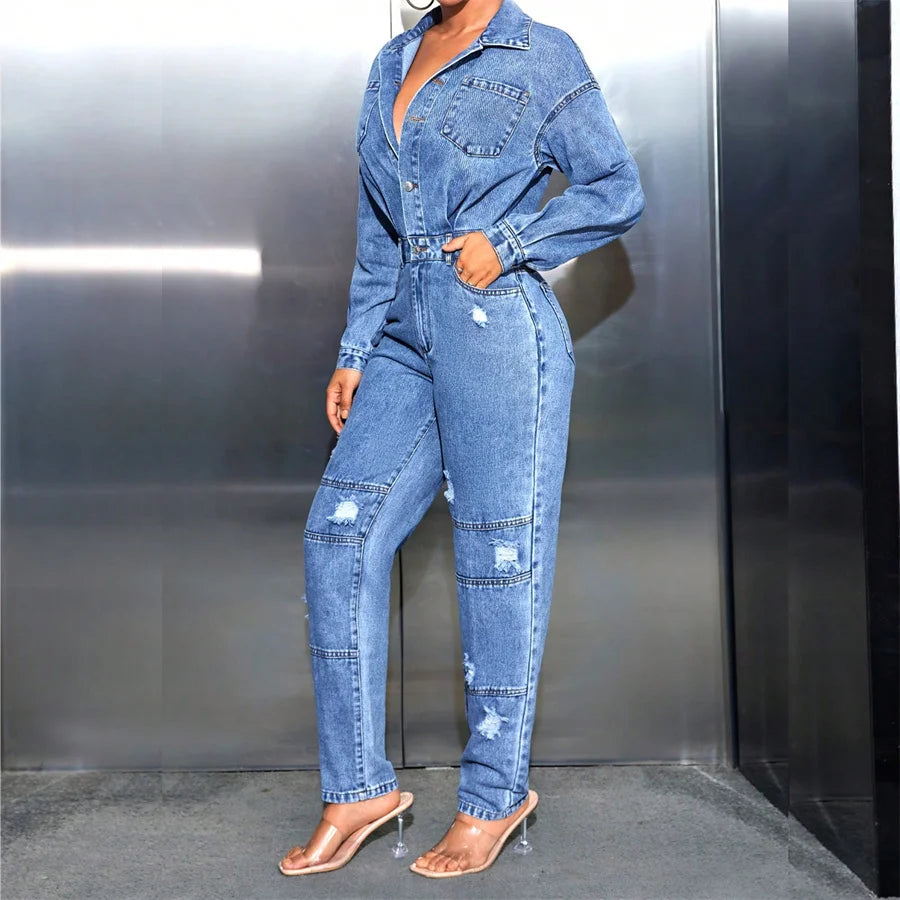 Casual Ripped Denim Jumpsuit